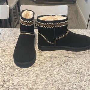 UGG Black Suede Boots with Embroidered Trim